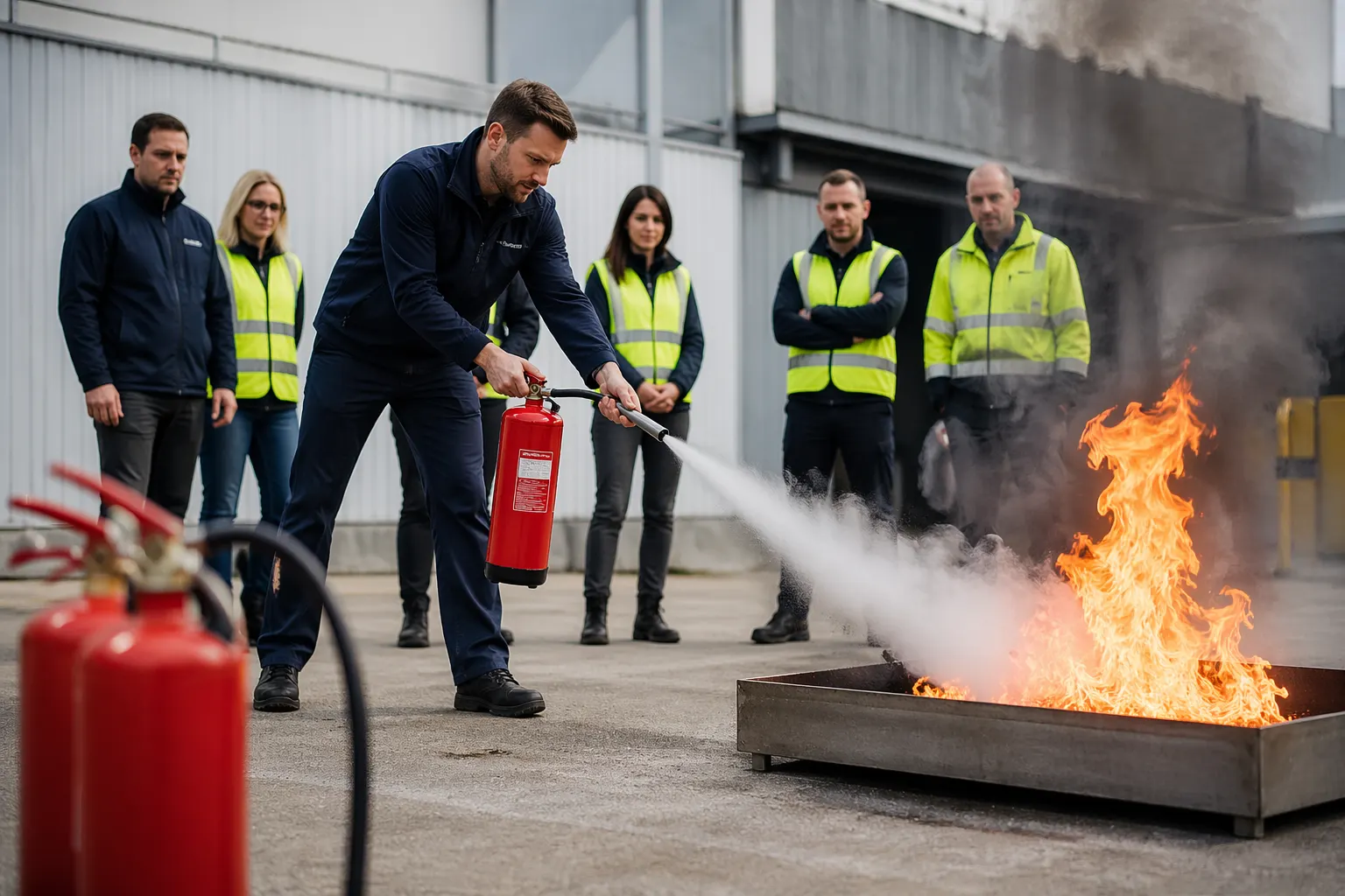 Löschübung mit dem Feuerlöscher (mit KI erstellt oder bearbeitet)