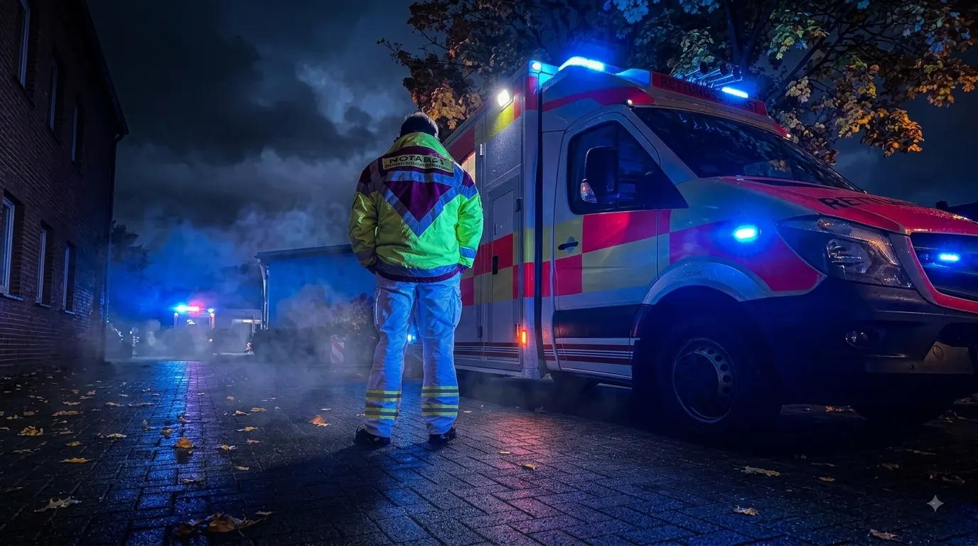 Notfallsanitäter des Sanitätsdienst Tennagels vor einem Rettungswagen (mit KI erstellt oder bearbeitet)