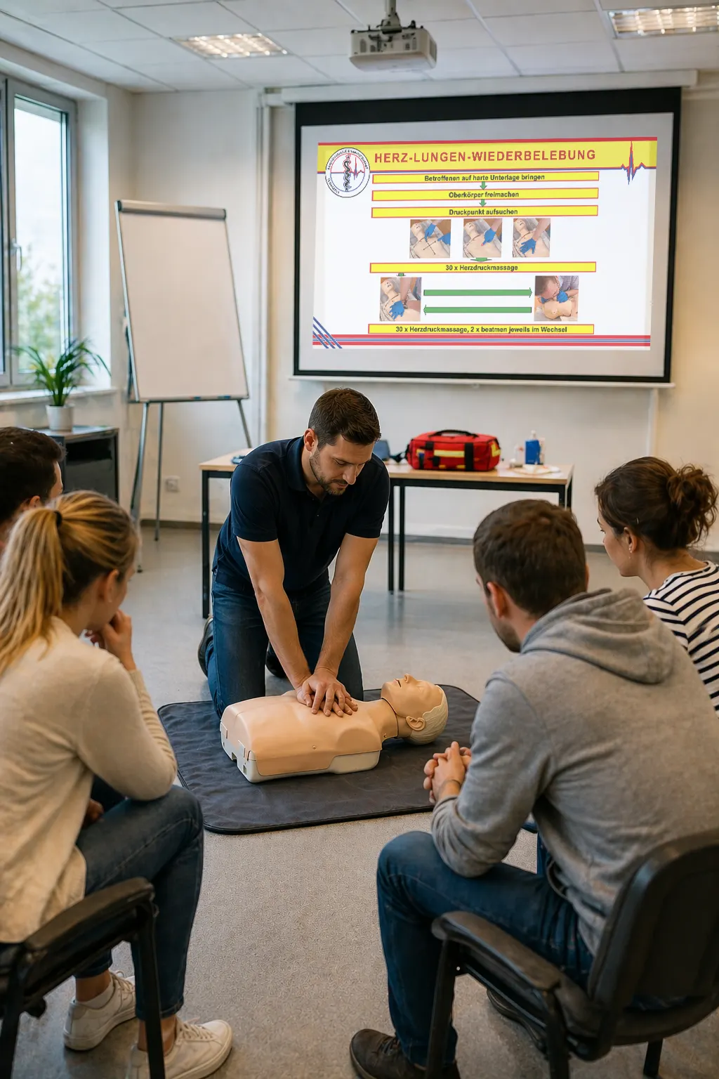 Teilnehmer üben die Herzdruckmassage (mit KI erstellt oder bearbeitet)